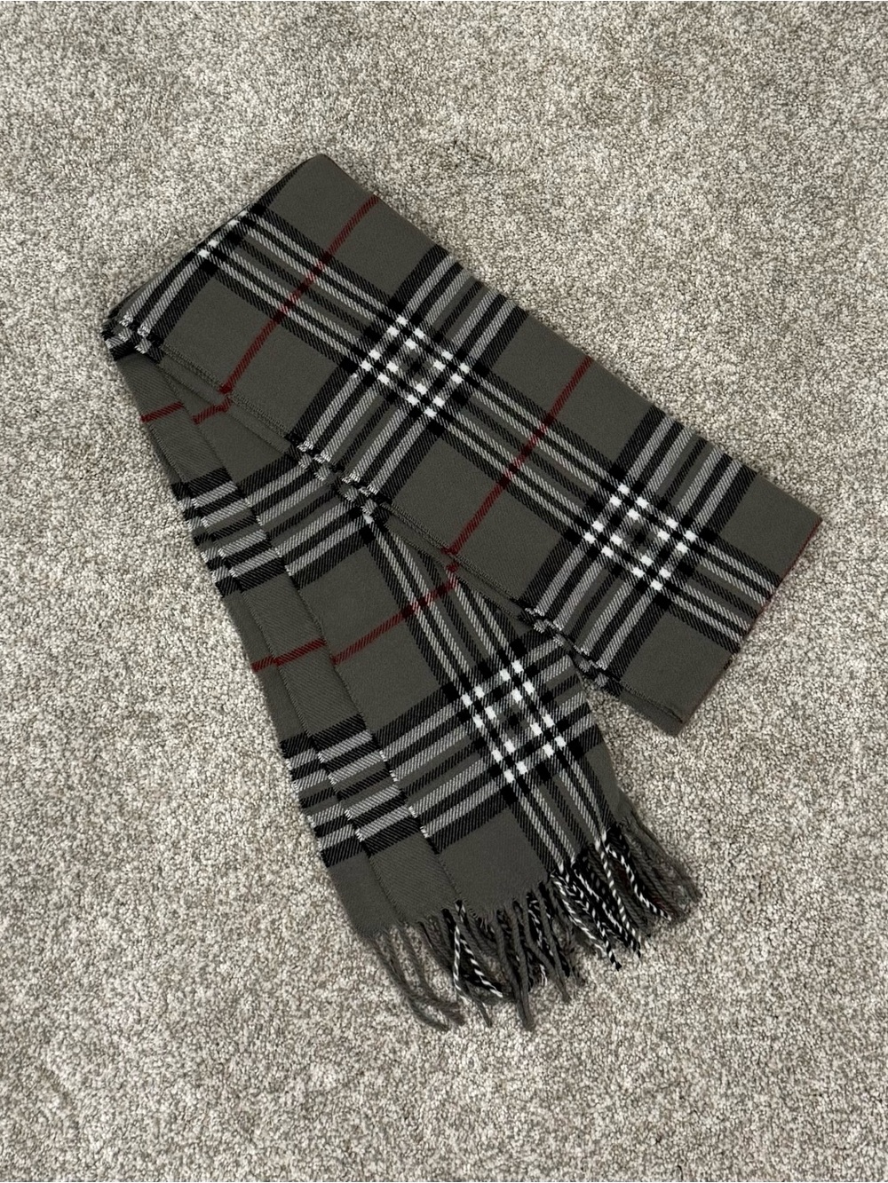 Grey Plaid Fringe Scarf with Black, White & Red Stripes